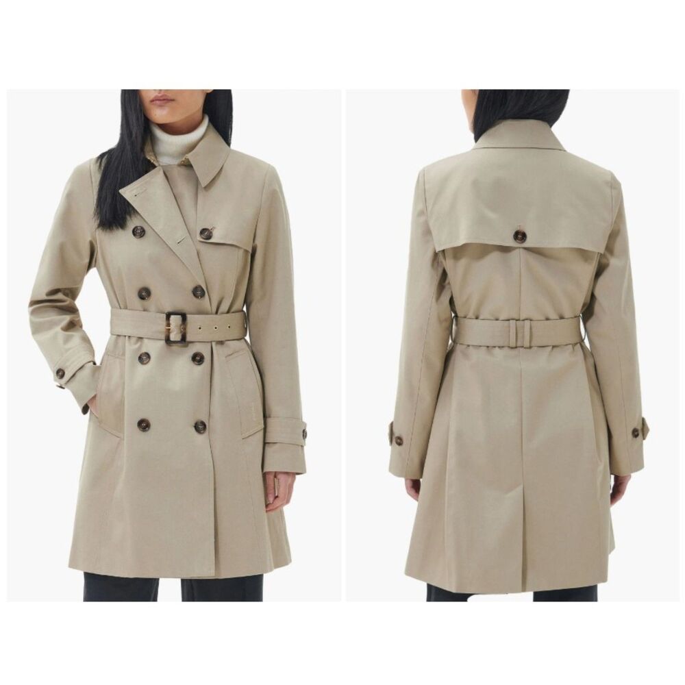 Barbour Womens Light Fawn Greta Belted Water Resistant Twill Trench Coat Size 12
